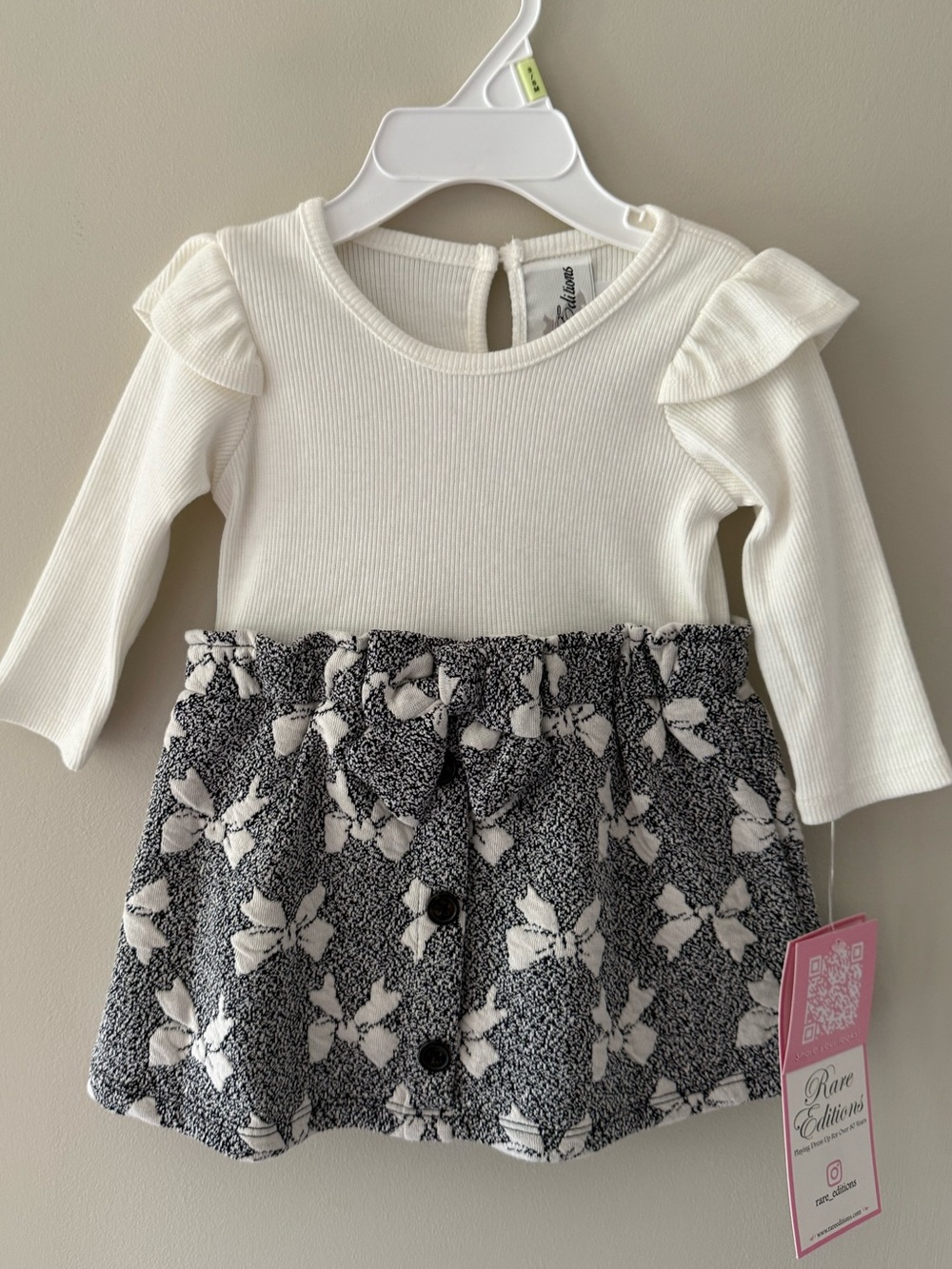 Rare Editions NWT Black and White Bow Ruffle Baby‎ Girl Dress Onesie 3-6 Month